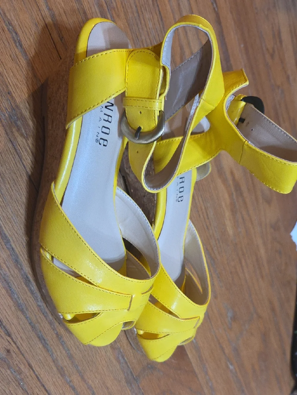 Monroe & Main Bright Yellow Cork Wedge Sandals with Ankle Buckle